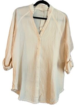 Mystree Button Down Gauze Blouse w/ Adjustable Sleeve and V Neck Size S